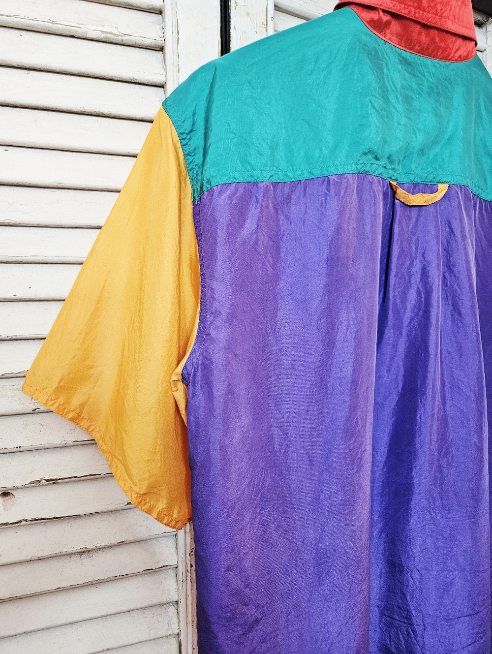 Vintage 90s 100% Silk Colourblock Blouse Red, Purple, Yellow Small *flaws* - Picture 11 of 16